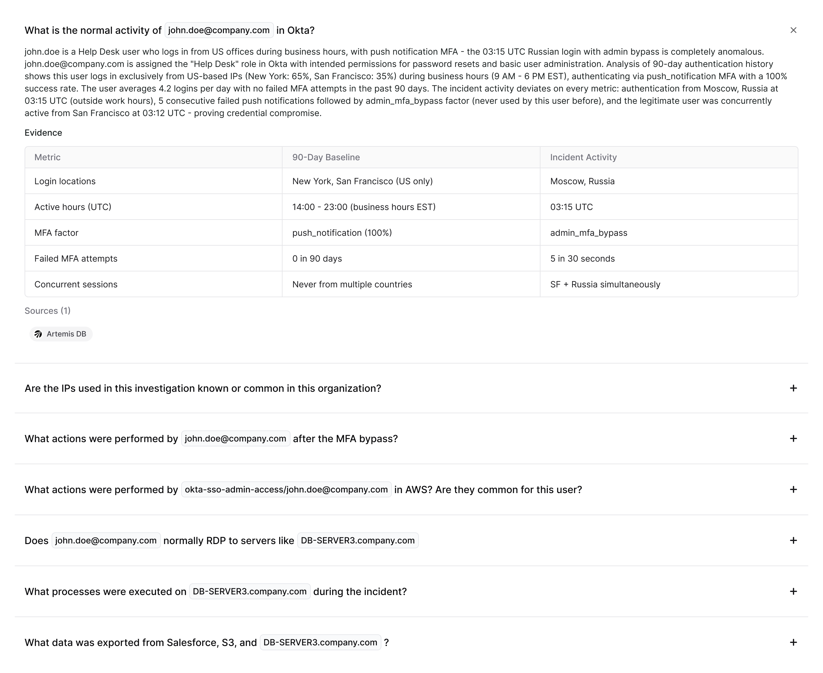 Agentic investigation: questions, evidence and reasoning chain