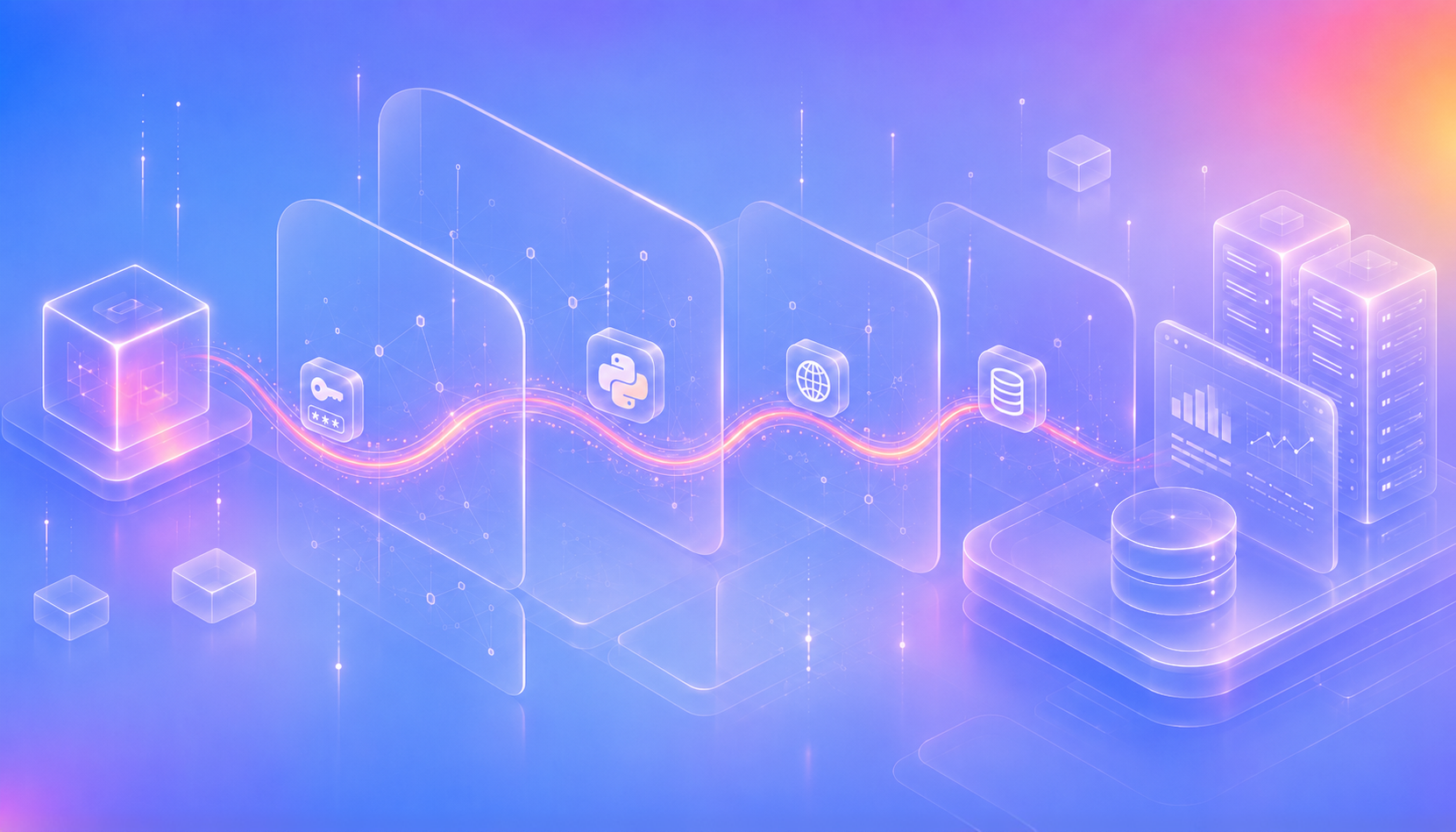 Abstract illustration of an autonomous AI attack chain moving through credentials, code, and cloud infrastructure undetected