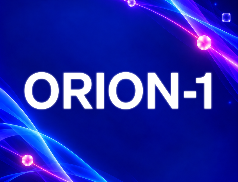 Orion-1 wordmark on a blue background with glowing light trails